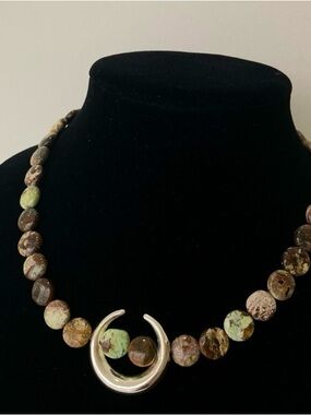 Silver Crescent Moon Pendant & Rare Turquoise Necklace with 925 2 Leaf Closure